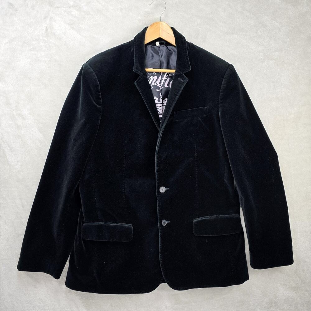 Vintage Juicy Couture Black Velvet Jacket Sz 44 Inside Print Magnificent Skull - Picture 1 of 12